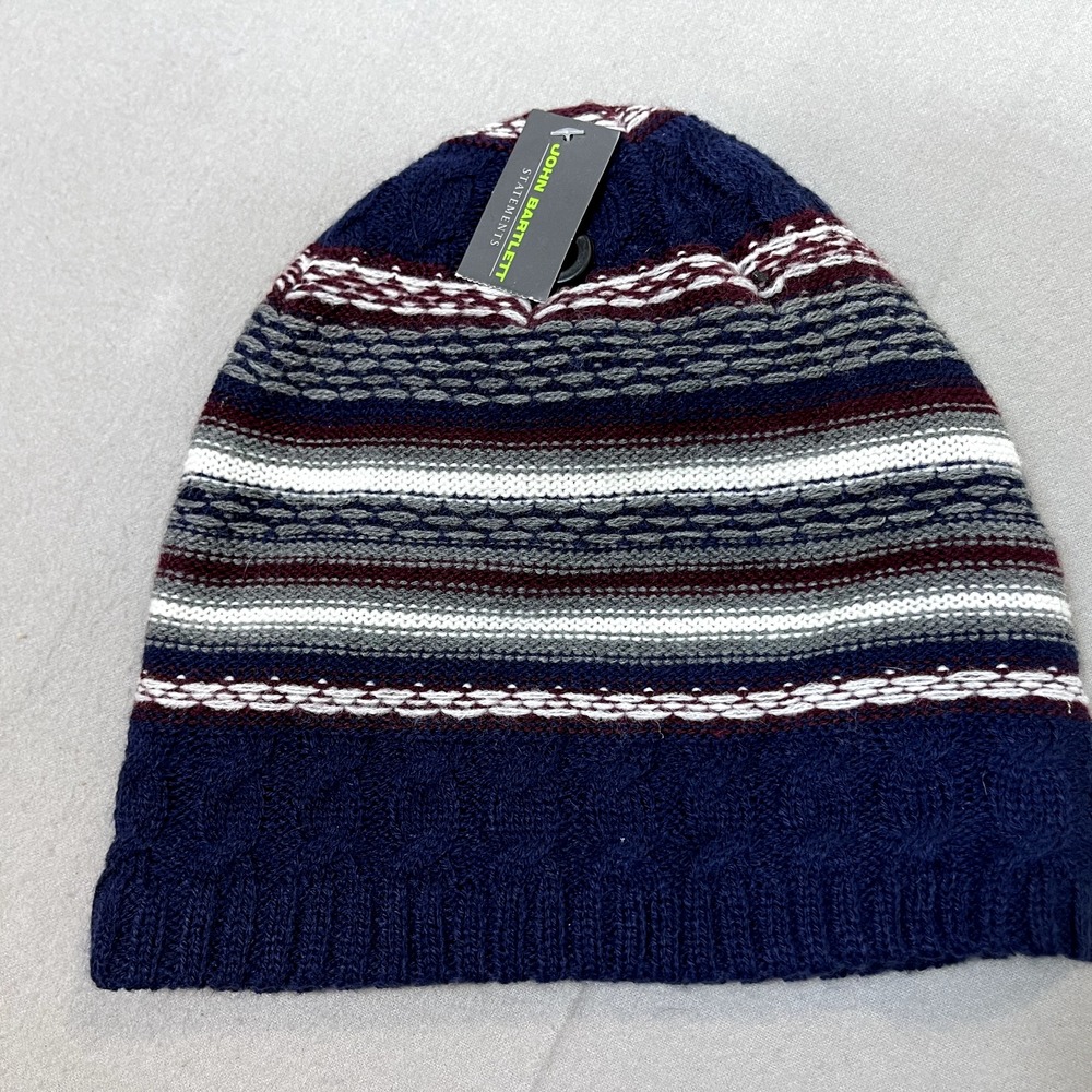 John Bartlett Beanie hat Blue White Maroon Striped NEW